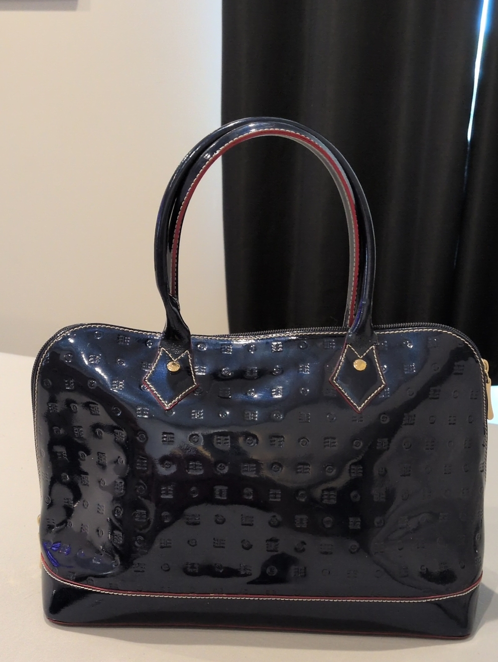 Arcadia Patent Navy Leather Tote Bag with Top Handles